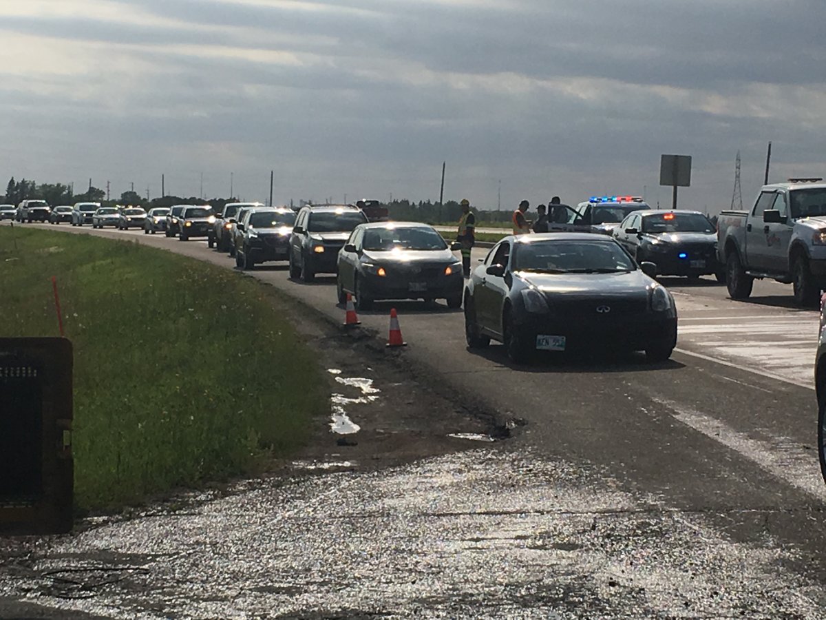 Police directed traffic on the south Perimeter Highway Wednesday after what appeared to be a load of dead hogs spilled onto the roadway.