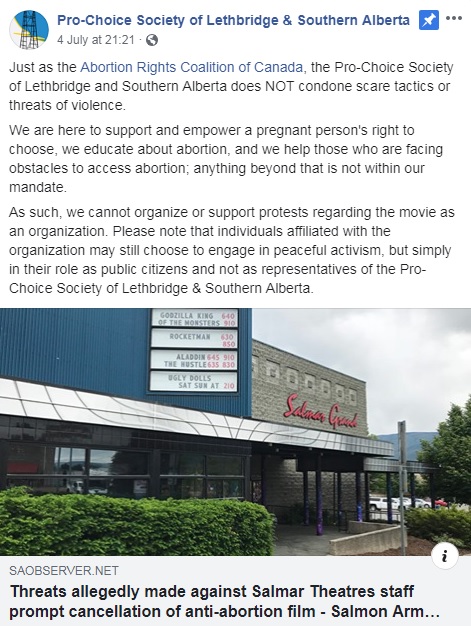 Pro-Choice Society of Lethbridge respond to protest threats surrounding the screening of \’Unplanned\’