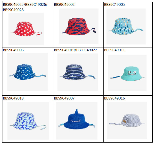 Pictured are several baby sun hats that are subject to a Health Canada recall over a potential choking hazard. 