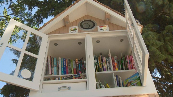 Regina's Little Free Library on McCarthy Blvd. celebrated its grand opening on Sunday, after it was set on fire on Canada Day.