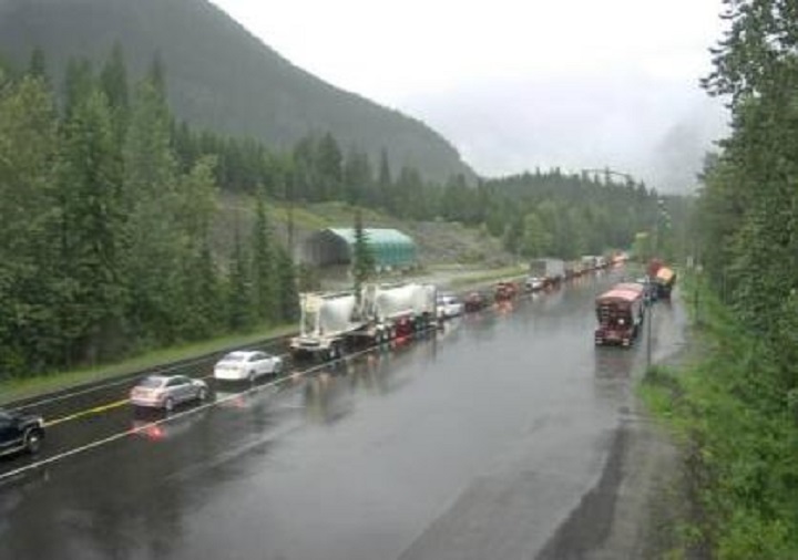 For the second day in a row, a section of the Trans-Canada Highway near Revelstoke was closed because of a traffic accident. Here, traffic is shown lined up on Thursday morning at Albert Canyon, located 30 kilometres east of Revelstoke.