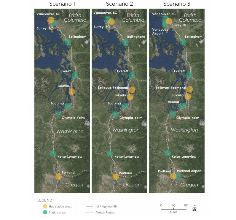 Preliminary route proposals shown in a business case study on ultra-high-speed rail between Vancouver and Portland.