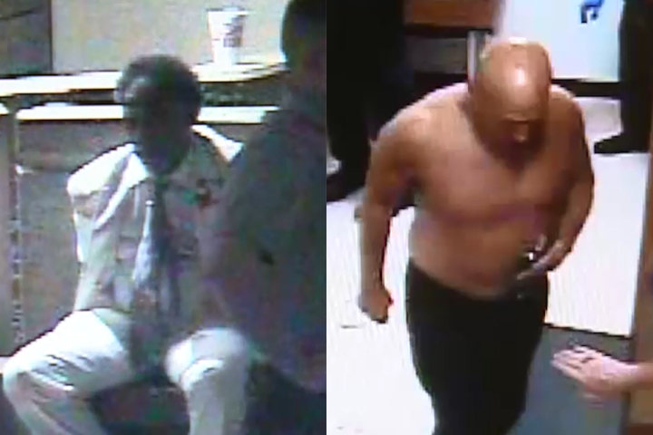 Lawyers Lindsey Scott, left, and James R. Moore, right, are shown in this composite photo from security footage at the Hall of Justice in Louisville, Ky., on July 17, 2019.