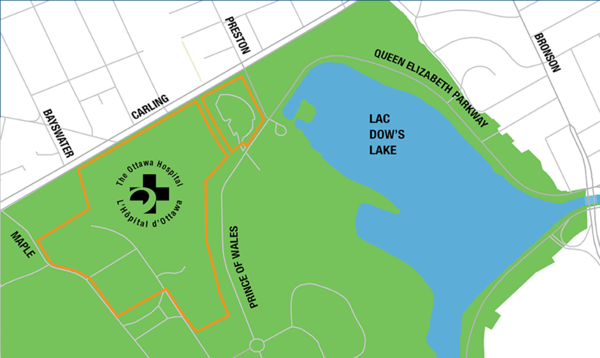 A map showing the location of the Ottawa Hospital’s new Civic campus. The hospital is still in the planning stages for the new centre.