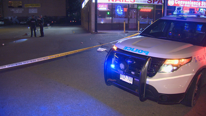 Police on scene investigating a shooting in Etobicoke late Friday.