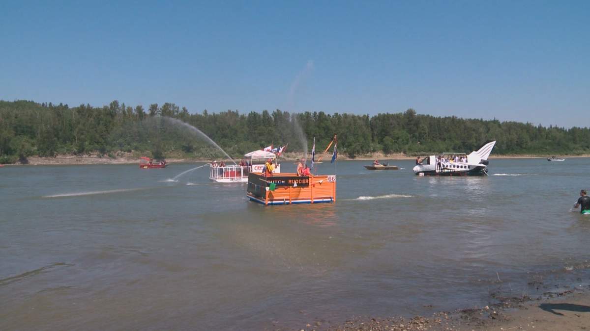 The 2014 Sourdough Raft Race in Edmonton. The 2019 race has been postponed due to high streamflows on the North Saskatchewan River.