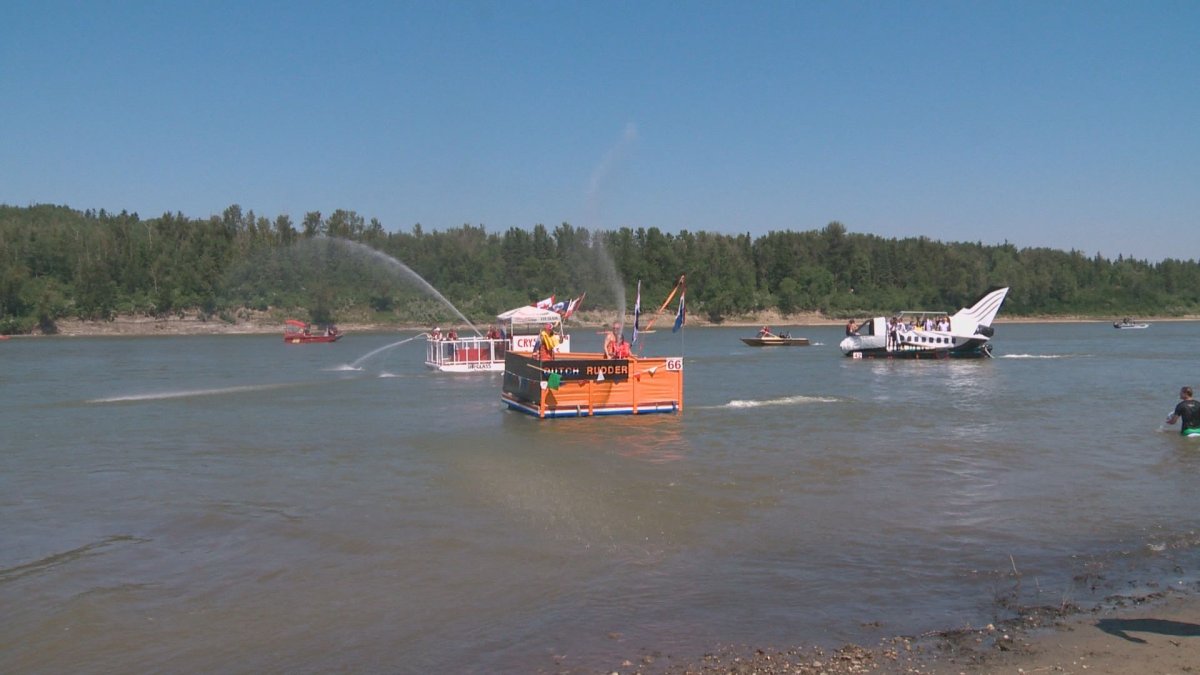 The 2014 Sourdough Raft Race in Edmonton. The 2019 race has been postponed due to high streamflows on the North Saskatchewan River.