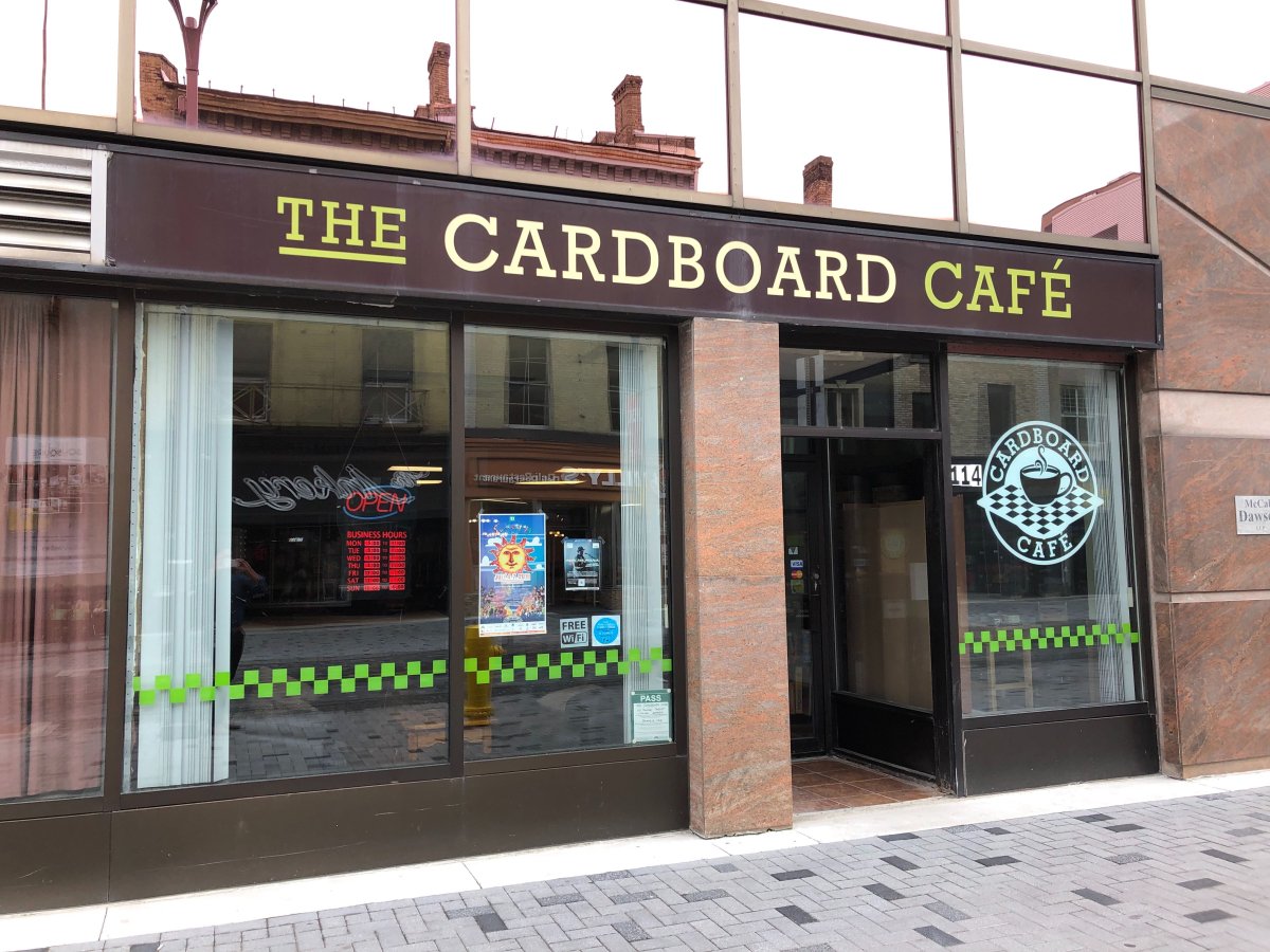 The Cardboard Café at the corner of Dundas and Talbot streets.