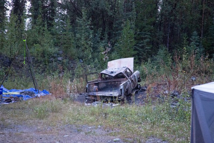 The site where a truck driven by Bryer Schmegelsky and Kam McLeod was found, burning, near Dease Lake last week.