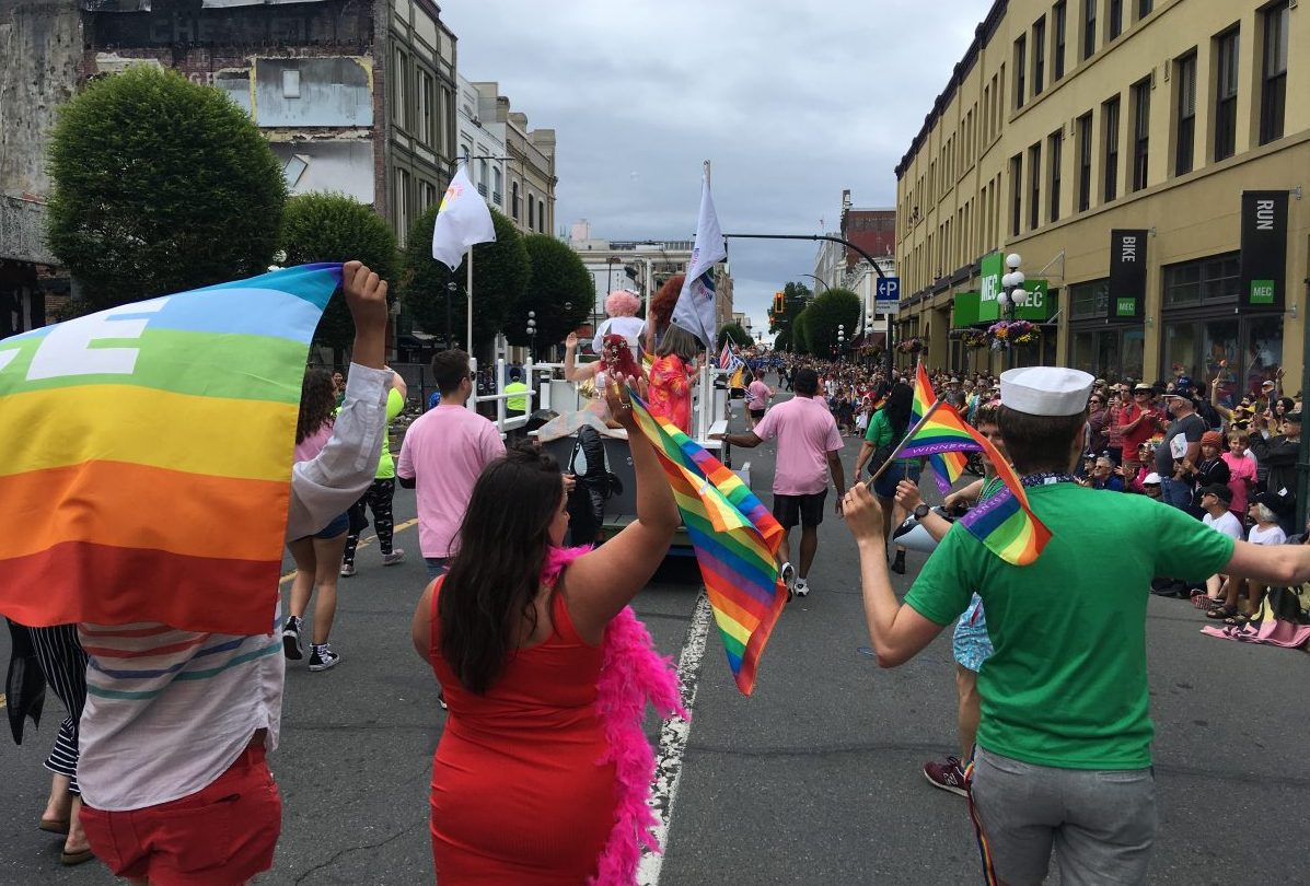Revellers march through downtown Victoria for the annual Victoria Pride Parade on Sunday, July 7, 2019.