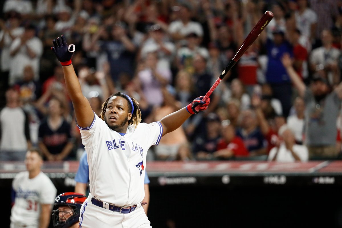 Vladimir Guerrero Jr., of the Toronto Blue Jays, reacts to a hit during the Major League Baseball Home Run Derby, Monday, July 8, 2019, in Cleveland. The MLB baseball All-Star Game will be played Tuesday.