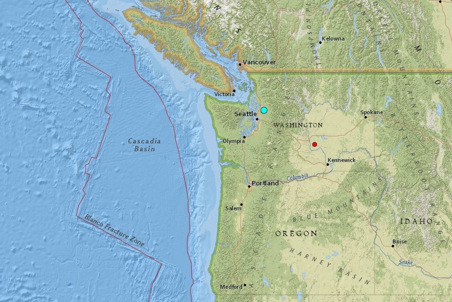A map showing the location of a 4.6 magnitude earthquake in Three Lakes, Washington on July 12, 2019.
