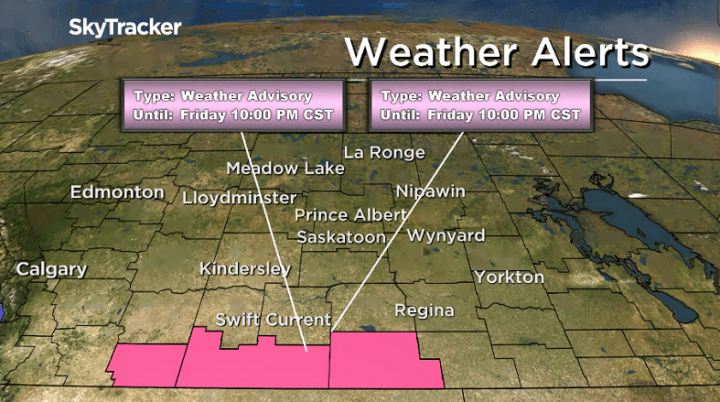 Environment Canada has issued a weather advisory for the Shaunavon, Maple Creek, Val Marie, and Cypress Hills regions.