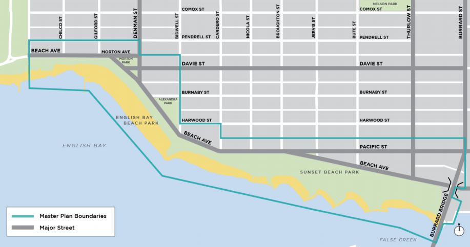 The area under consideration for a West End waterfront masterplan, which will be debated by the Vancouver Park Board on Monday, July 8, 2019.