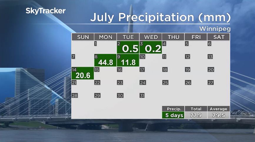 Winnipeg’s rain calendar for July, 2019.