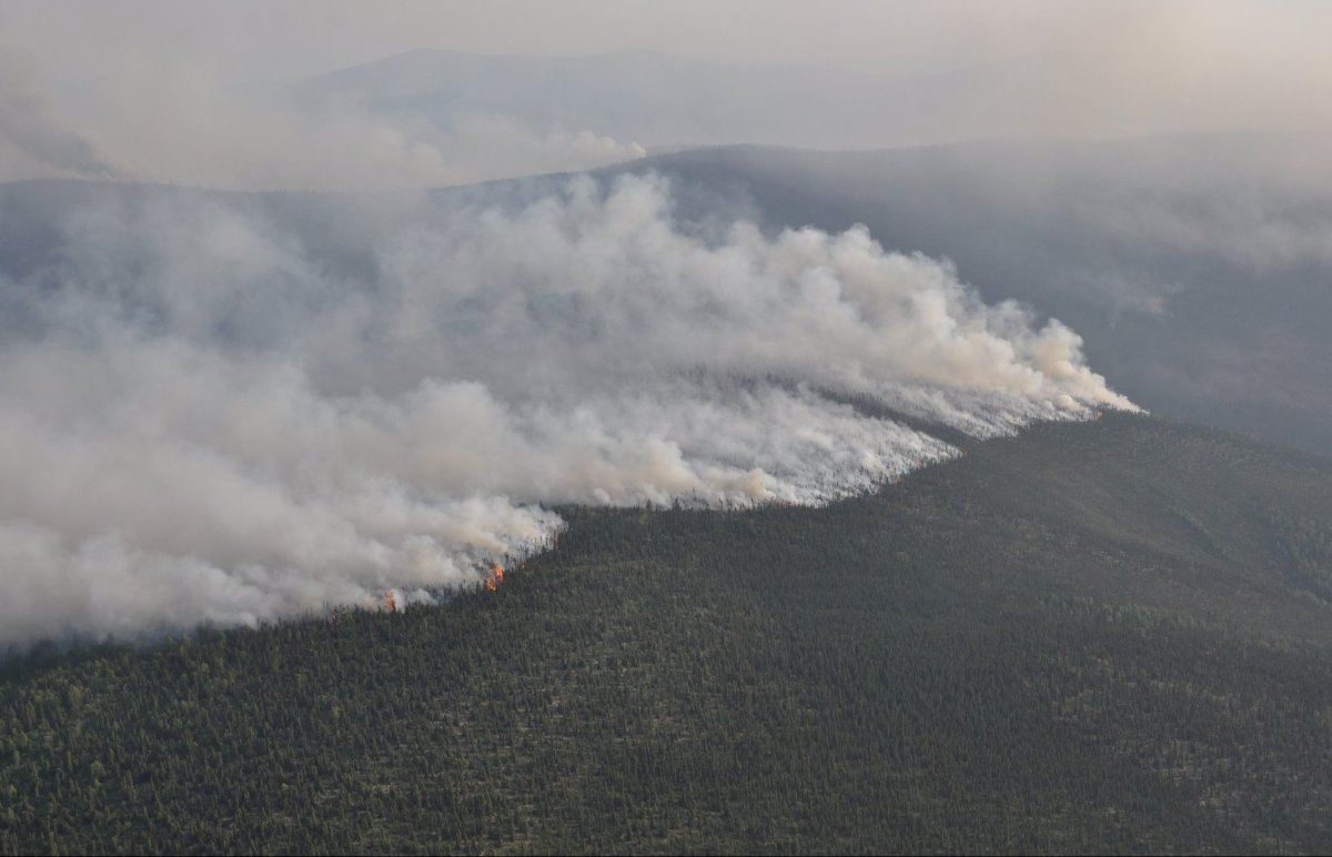The Hunker Summit wildfire burning near Dawson City, Yukon on June 20, 2019. The fire has since grown to more than 7,500 hectares.