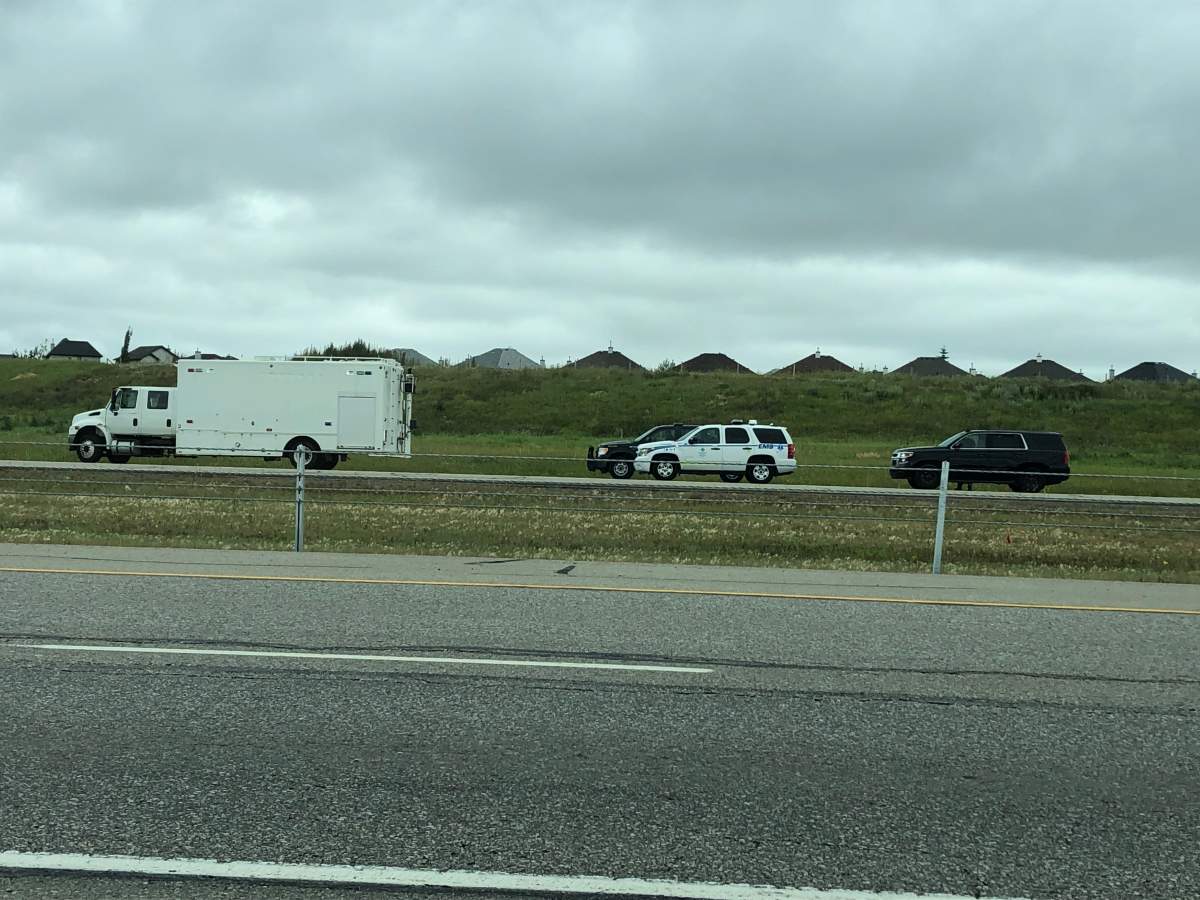 Calgary police discover suspicious package at Stoney Trail between McKnight Boulevard and 96 Avenue NE. Aug. 10, 2019.