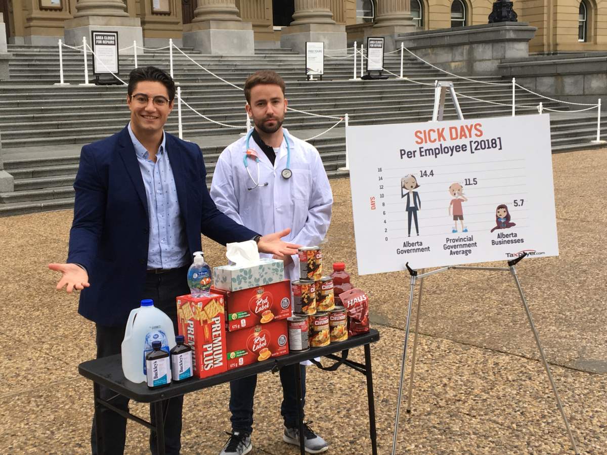 The Canadian Taxpayers Federation outlines statistics on sick days taken by government workers with a display on Friday, Aug. 30, 2019 at the Alberta legislature.