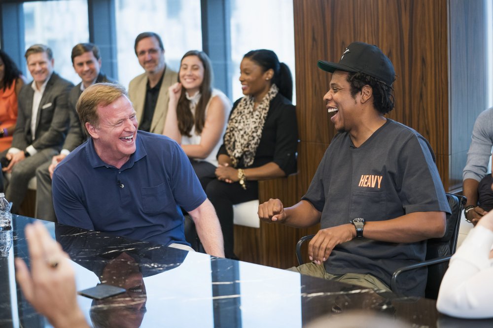 NFL Commissioner Roger Goodell, left, and Jay-Z appear at a news conference at ROC Nation on Wednesday, Aug. 14, 2019, in New York. (Ben Hider/AP Images for NFL)