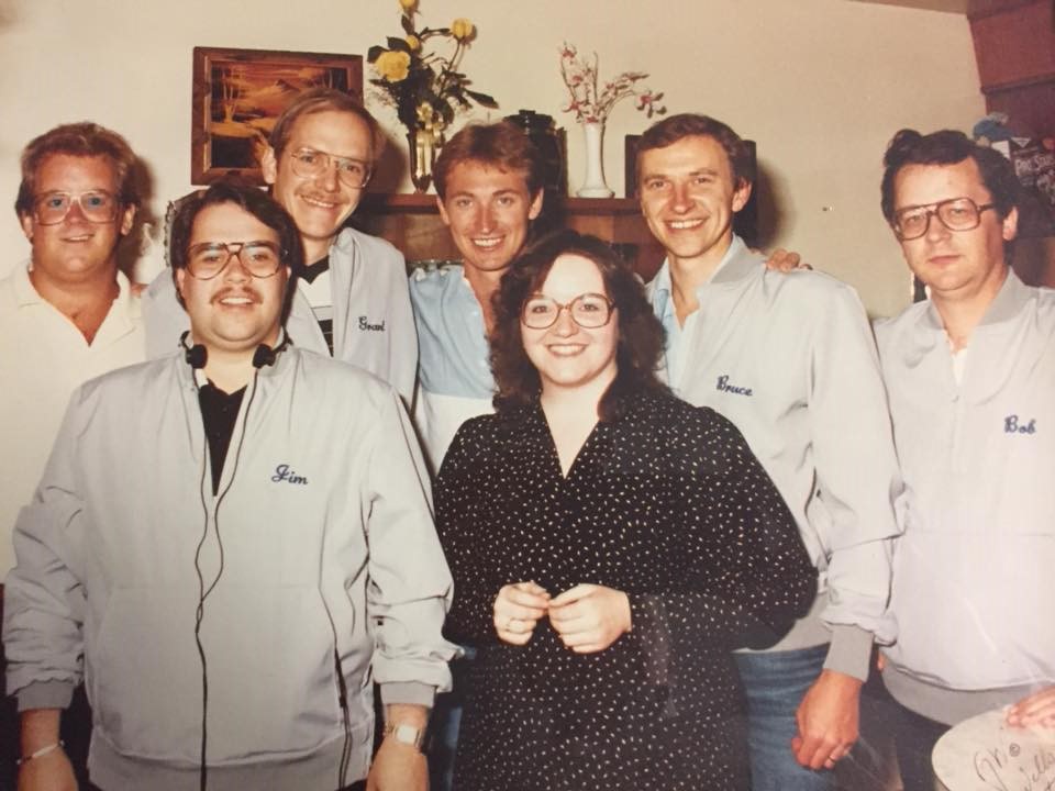 The 630 CHED morning team, including Bruce Bowie, Bob Layton and Eileen Bell, at an event with Wayne Gretzky.