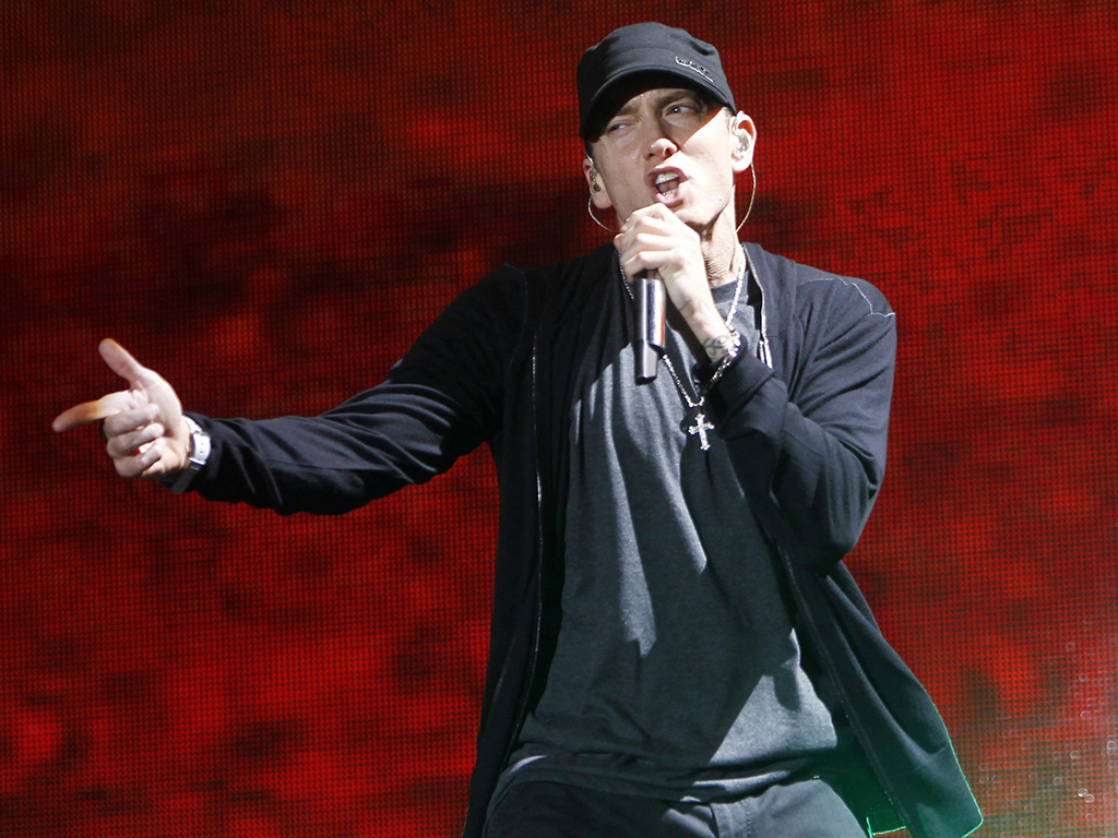 In this Sept. 13, 2010, file photo, rapper Eminem performs at Yankee Stadium in New York City.