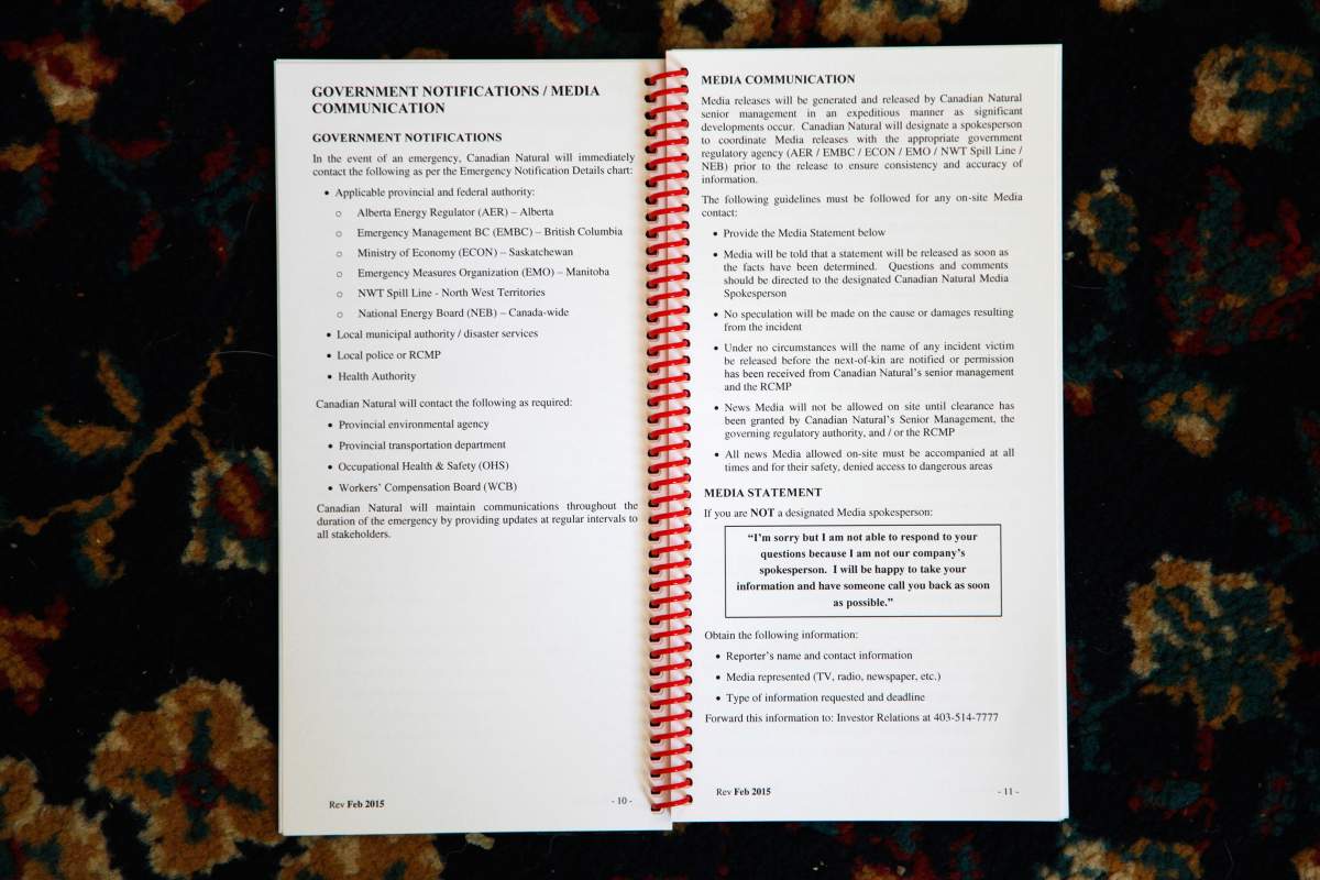 An open page from CNRL’s Emergency Response Guide describing procedures for public communication.