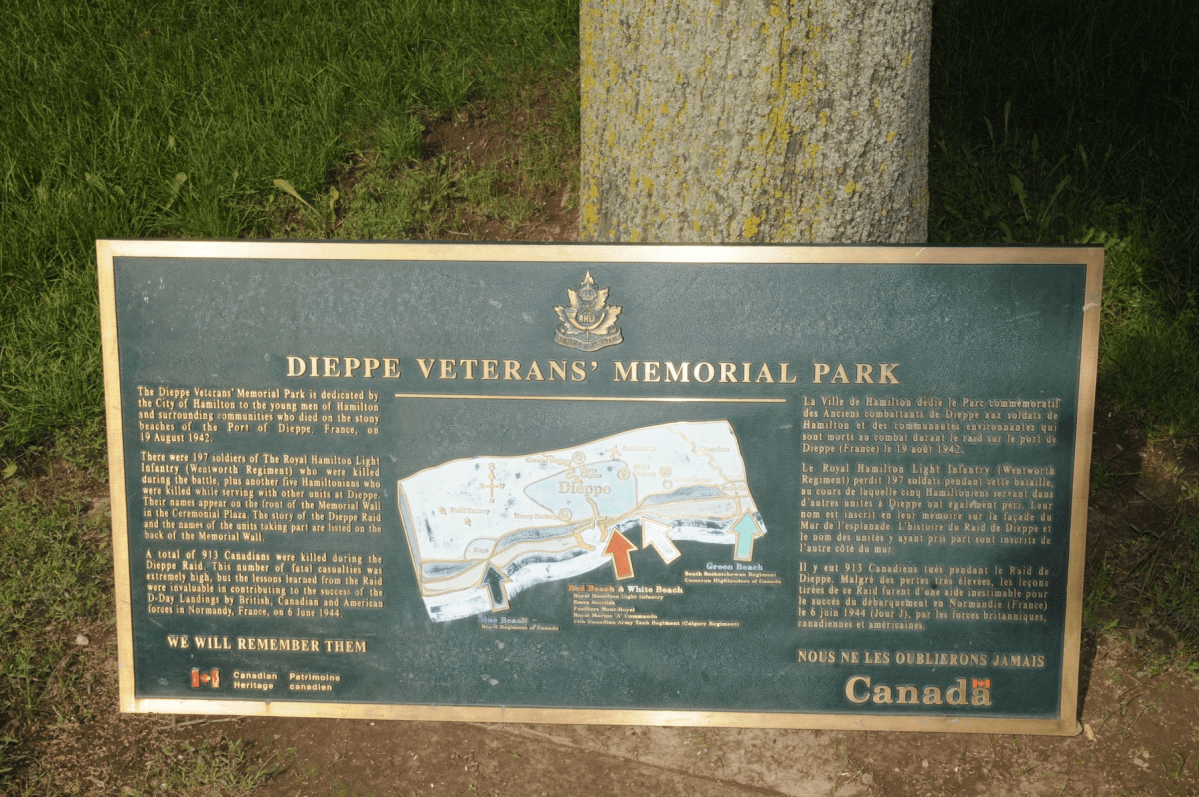 Hamilton police say officers recovered the Dieppe Veterans' Memorial plaque in the backseat of a vehicle during a routine traffic stop.