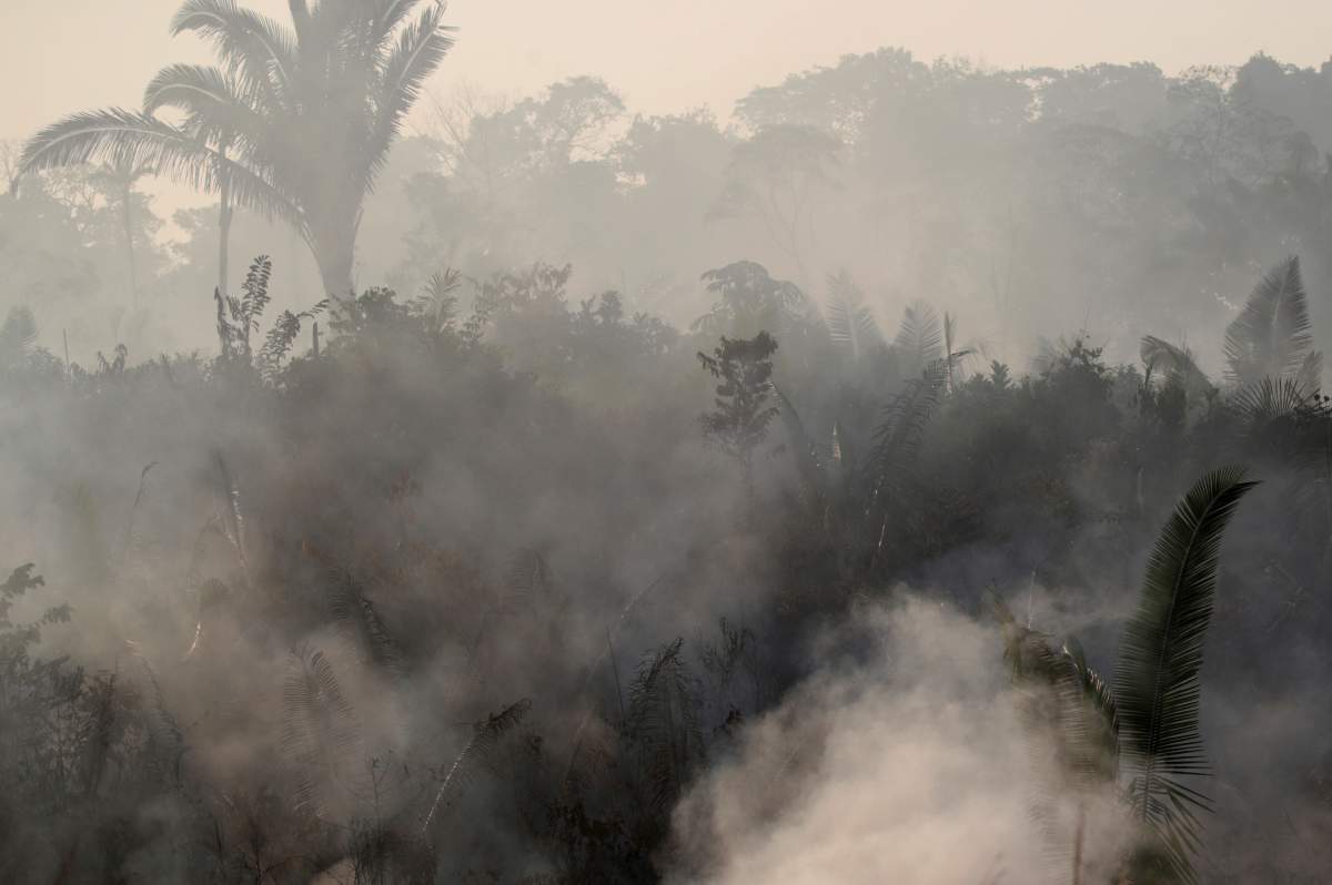 Smoke billows during a fire in an area of the Amazon rainforest near Humaita, Amazonas State, Brazil, Brazil August 14, 2019. Picture Taken August 14, 2019.