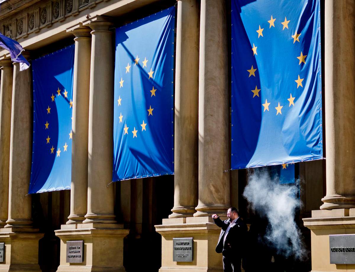 European flags are displayed at the stock market in Frankfurt, Germany, Tuesday, May 14, 2019. European elections will be held on May 26. 