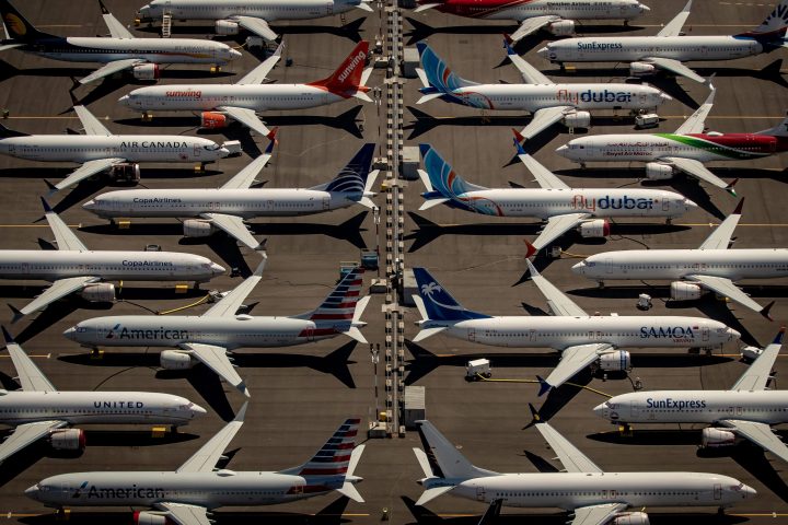 An aerial view of Boeing 737 Max 8 aircraft sitting parked at Boeing Field in Seattle, Washington.
