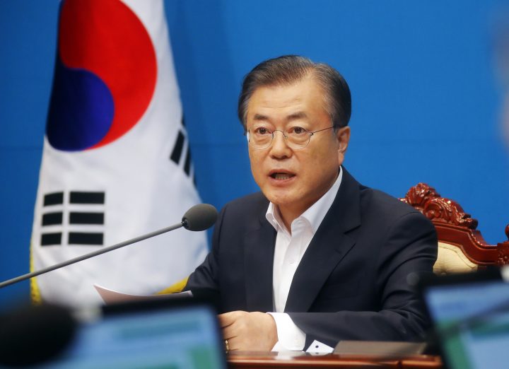 South Korean President Moon Jae-in speaks during an emergency cabinet meeting at the presidential Blue House in Seoul, South Korea, Friday, Aug. 2, 2019. Moon has vowed stern countermeasures against Japan's decision to downgrade its trade status, which he described as a deliberate attempt to contain South Korea's economic growth and a "selfish" act that would damage global supply chains.