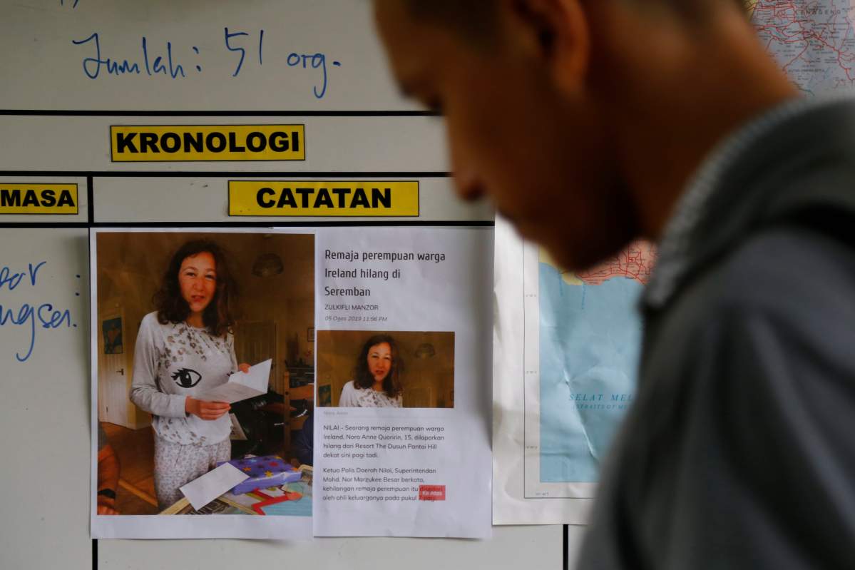 A photo of 15-year-old London girl Nora Quoirin, who went missing from The Dusun resort, is seen at a temporary operation shelter in Seremban, Negeri Sembilan, Malaysia, Tuesday, Aug. 6, 2019. 