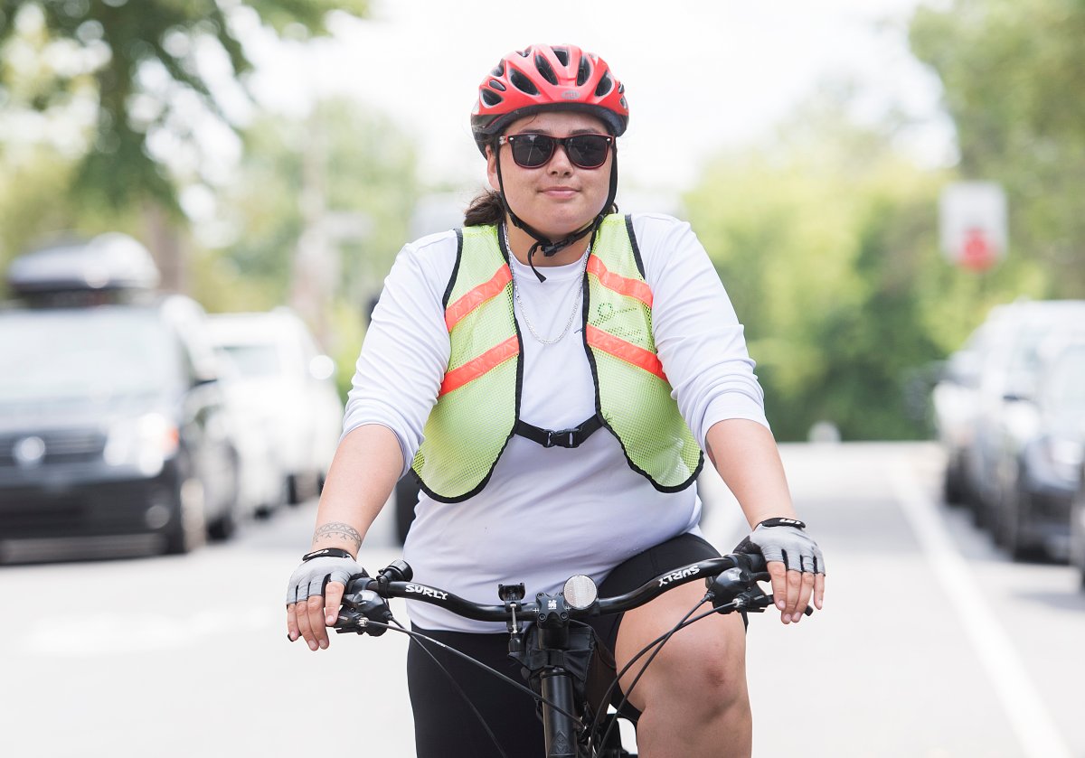 Hannah Tooktoo Koneak is shown on her bicycle in Montreal, Thursday, August 8, 2019.
