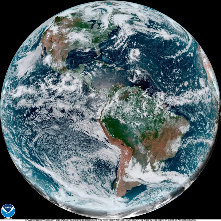 This Thursday, Aug. 8, 2019 satellite photo made availalble by NOAA shows cloud patterns over the Western Hemisphere.