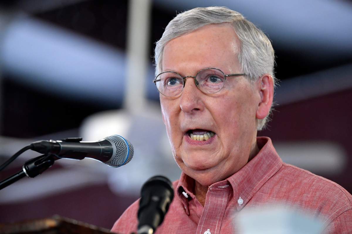 FILE - In this Aug. 3, 2019 file photo, Senate Majority Leader Mitch McConnell, R-Ky., addresses the audience gathered at the Fancy Farm Picnic in Fancy Farm, Ky.