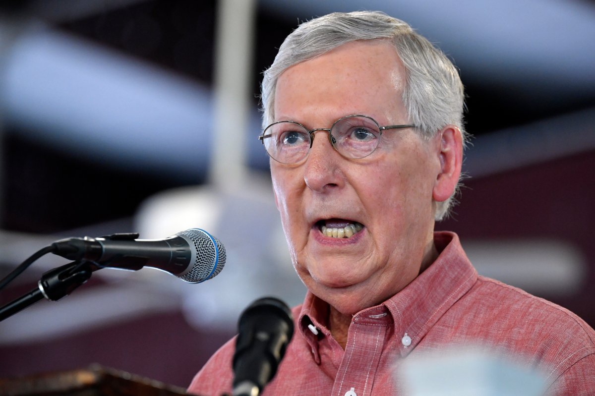 FILE - In this Aug. 3, 2019 file photo, Senate Majority Leader Mitch McConnell, R-Ky., addresses the audience gathered at the Fancy Farm Picnic in Fancy Farm, Ky.