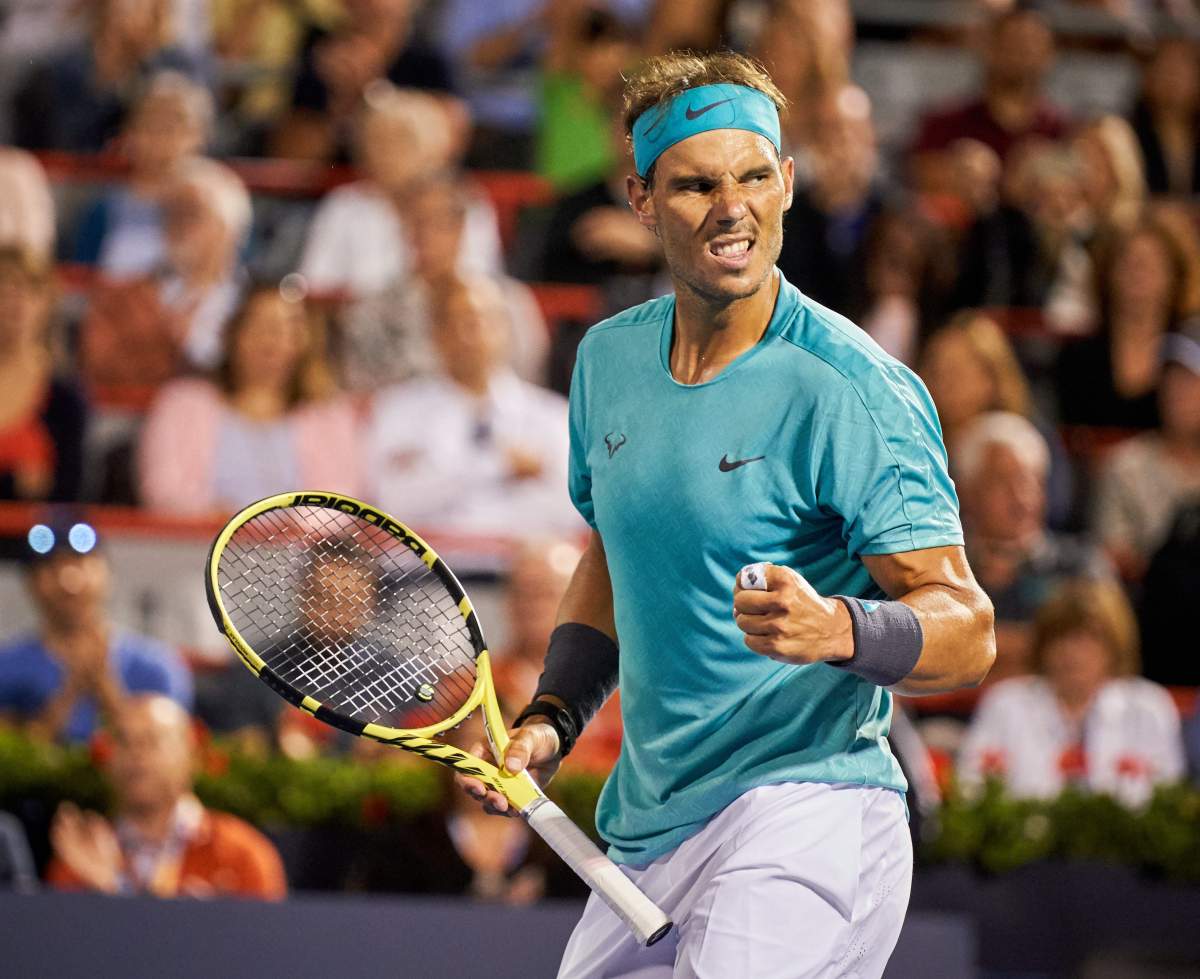 Rafael Nadal of Spain gestures while in action against Fabio Fognini of Italy during their quater-final match at the Rogers Cup tennis tournament in Montreal, Canada, 09 August 2019.