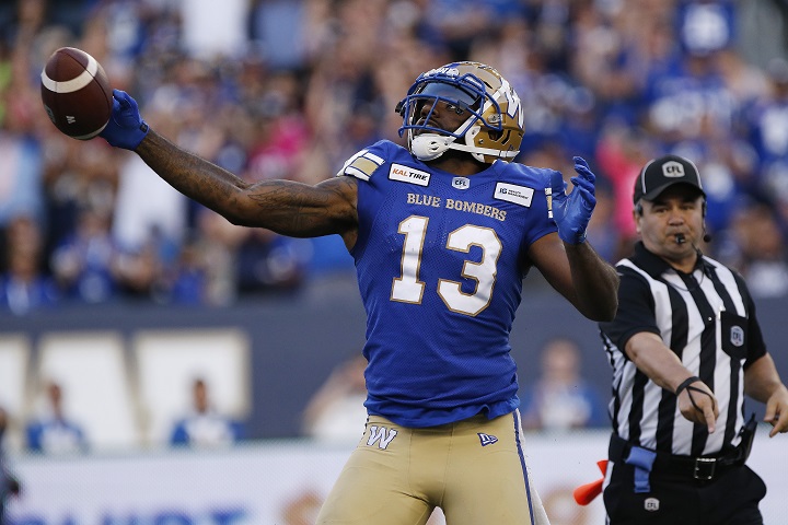 Winnipeg Blue Bombers' Chris Matthews (13) celebrates a 53-yard catch against the BC Lions during the first half of CFL action in Winnipeg Thursday, August 15, 2019. 
