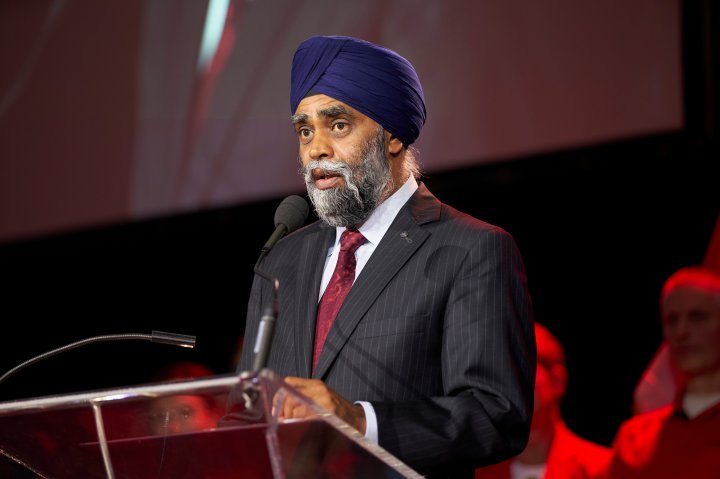 Defence Minister Harjit Sajjan speaks during an announcement of the purchase of 350 new Light Armoured Vehicles for the Canadian Forces at General Dynamics Land Systems-Canada in London, Ont., Friday, Aug. 16, 2019. 