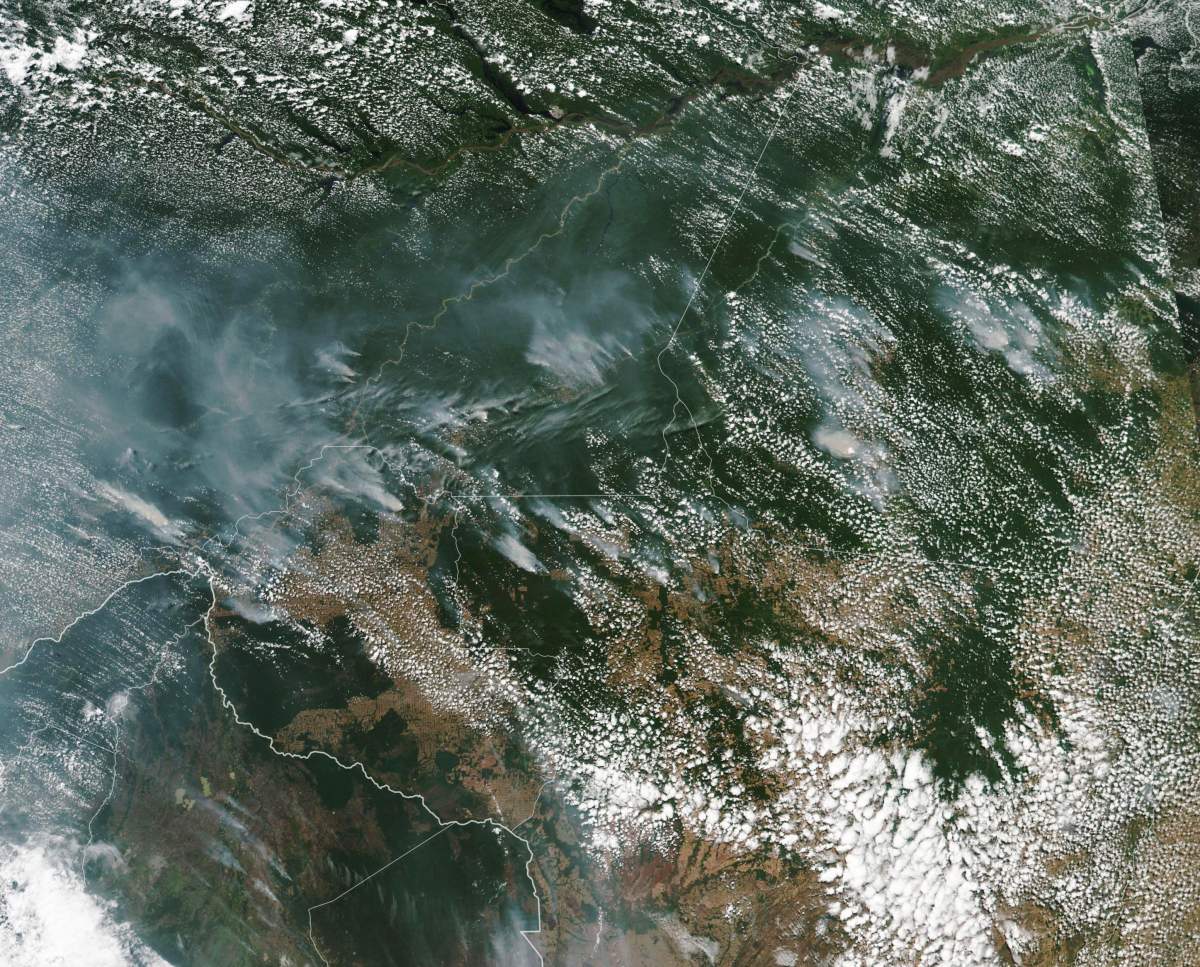 This satellite image provided by NASA on Aug. 13, 2019 shows several fires burning in the Brazilian Amazon forest.