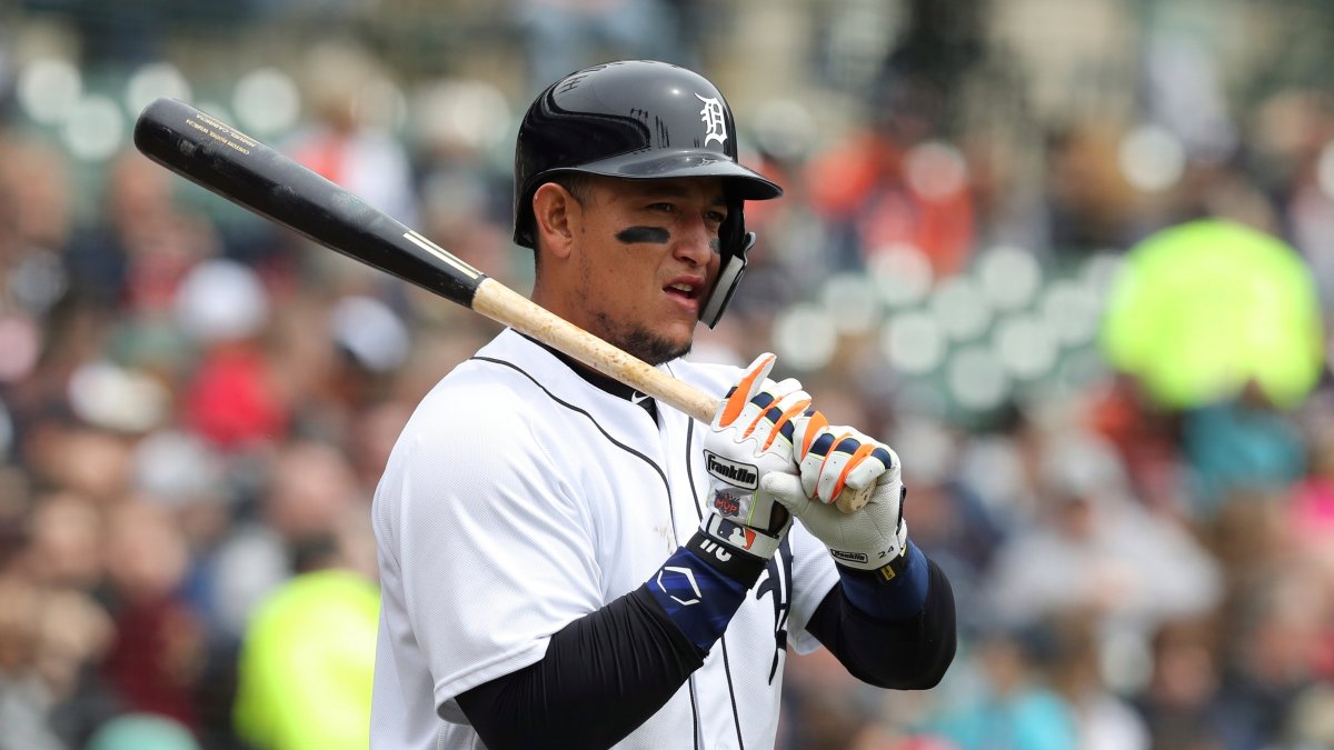 FILE - In this April 21, 2018, file photo, Detroit Tigers' Miguel Cabrera, of Venezuela, prepares to bat during the third inning of a baseball game against the Kansas City Royals in Detroit.