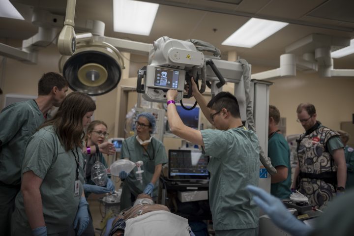 Medical staff tend to a mannequin in the trauma bay during a mass casualty simulation at St. Michael's Hospital in Toronto on Tuesday, August 13, 2019.