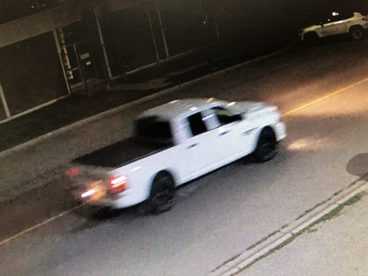 Police in southern Alberta are investigating a disturbing incident where they say someone drove past a supervised drug consumption facility and fired paintballs at staff and clients. Police have released this still image taken from surveillance video of a white, newer model Dodge quad cab which was seen driving around the facility.