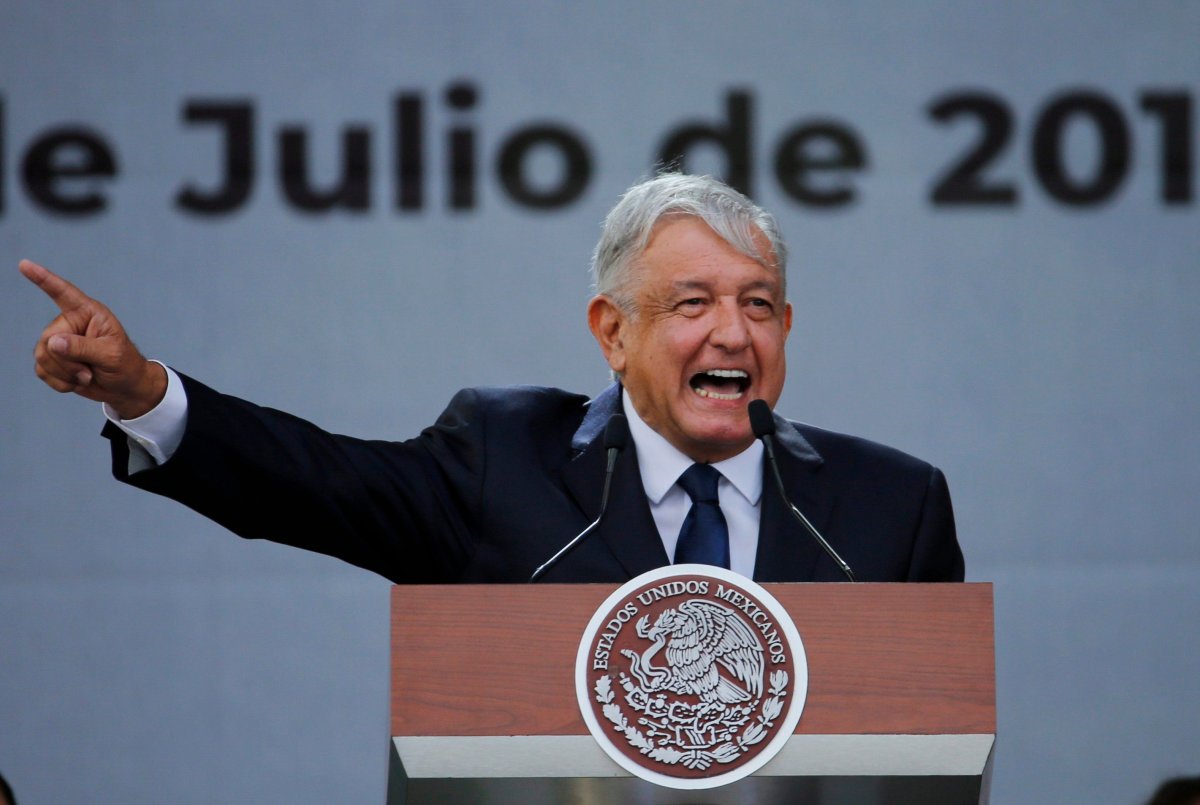 Mexican President Andres Manuel Lopez Obrador delivers a speech during a rally to celebrate the one-year anniversary of his election in Mexico City's main square, the Zocalo, on July 1, 2019.