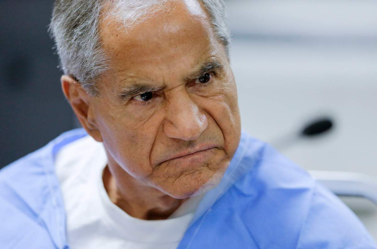 In this Wednesday, Feb. 10, 2016, file photo, Sirhan Sirhan reacts during a parole hearing at the Richard J. Donovan Correctional Facility in San Diego. 