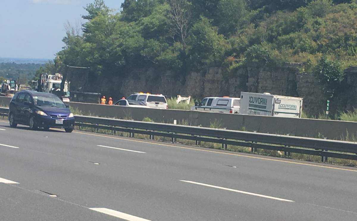 Traffic was slowed for hours on Hwy 403 near the Linc on Wednesday after a crash between a tractor trailer and a pickup.