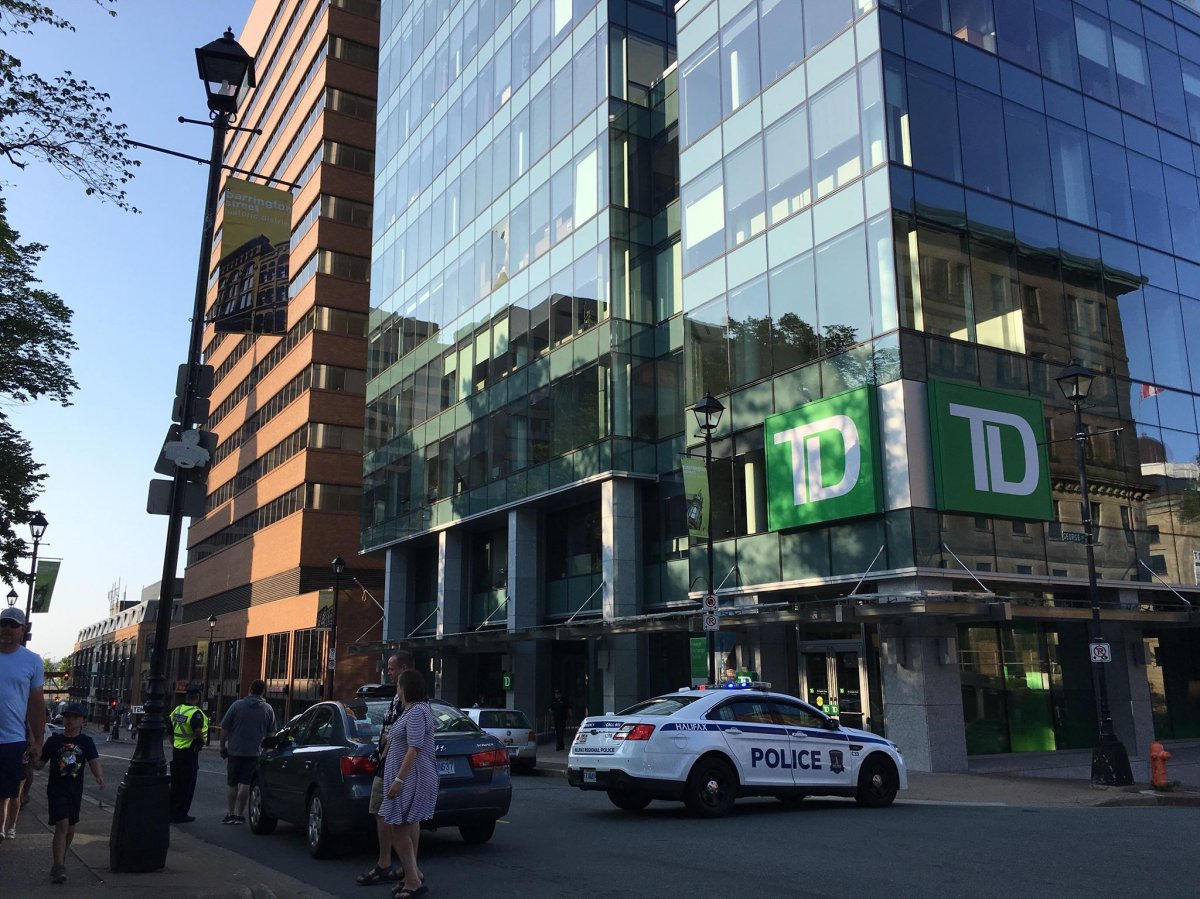 A portion of Barrington Street was closed to traffic on August 2, 2019 due to a broken window at the TD Building in downtown Halifax. 
