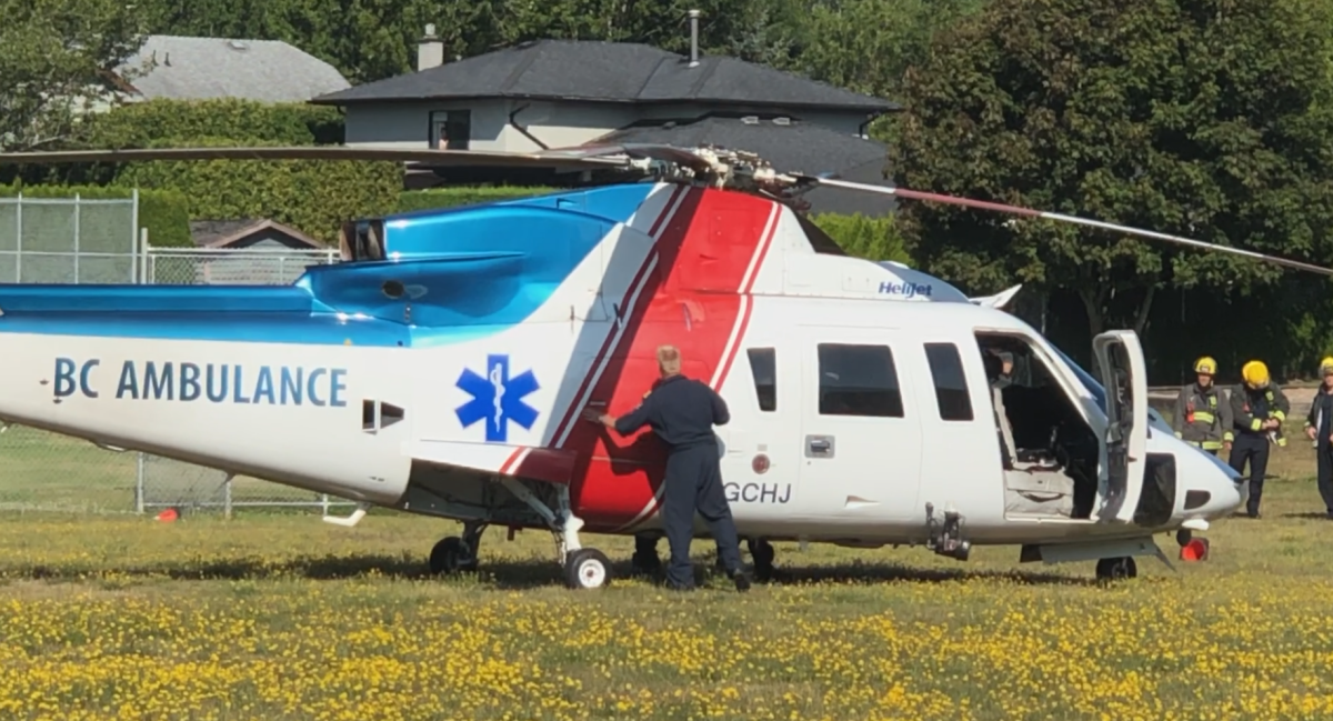 An air ambulance lands at South Meridian Elementary School on Tuesday. 