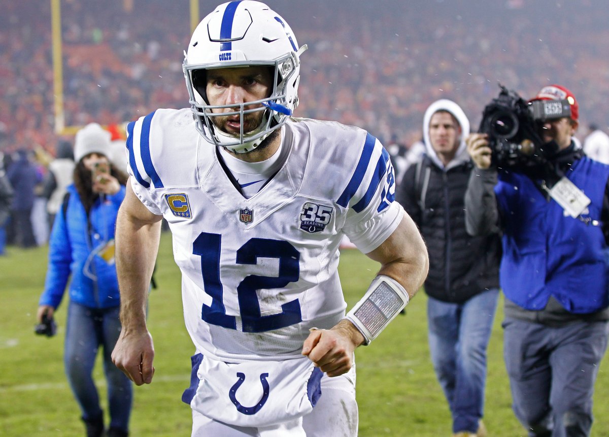 In what would be his last game in the NFL, Indianapolis Colts quarterback Andrew Luck walks off the field after the AFC Divisional Round playoff game against the Kansas City Chiefs at Arrowhead Stadium in Kansas City, Missouri on January 12, 2019.