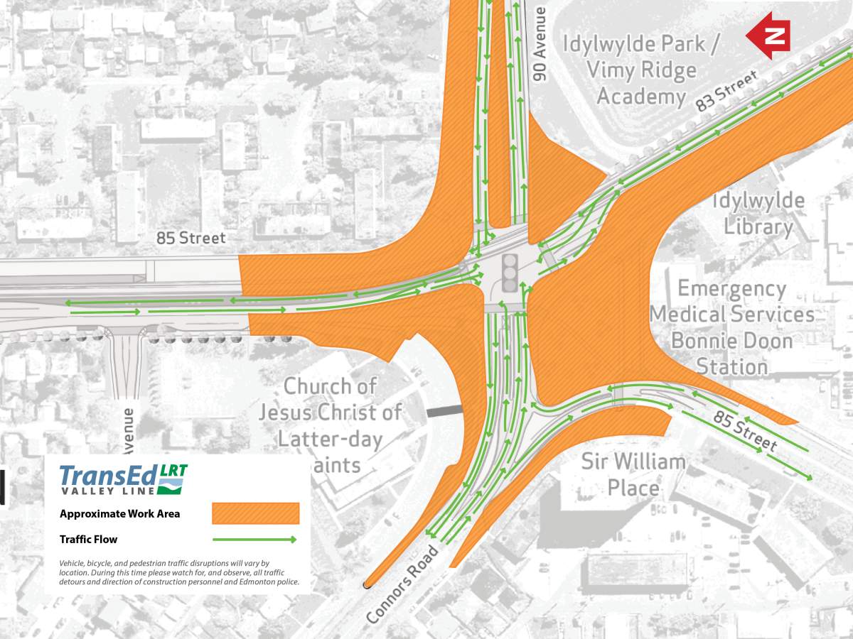 Map showing the changes to traffic flow once the traffic circle is converted to an intersection north of Edmonton’s Bonnie Doon Mall because of Valley Line LRT construction.